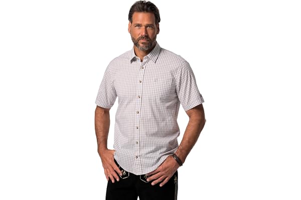 JP 1880 Hommes Grandes Tailles Chemise de Tenue Traditionnelle Bavaroise à Manches Courtes et Motif à Carreaux. Poche Poitrine. Coupe ajustée 723283