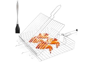 UYOTBKEUB BBQ Grillkorb Tragbar und Faltbar,aus Rostfreiem Edelstahl,mit Abnehmbaren Griff und Einfach Tragetasche für Fisch, Gemüse, Steak, Garnelen.