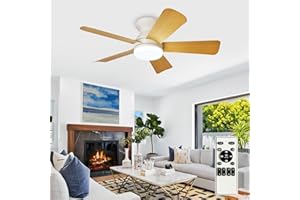 Depuley Modern Ceiling Fan with Light: 35-Inch White Small Fans for Bedroom Indoor Outdoor - Dimmable Flush Mount Low Profile Ceiling Fans with Remote Control 5 Reversible Grainy Blades 6 Speeds Timer