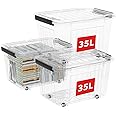 Cetomo 35L*3 Storage Boxes with Wheels, Plastic Storage Bins with Lids, Latching Buckles, Click Closure, Stackable, Nestable, Organizer for Home Office Clothes, Clear, 35L-3 Pack