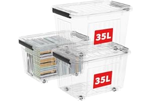 Cetomo 35L*3 Scatole di Stoccaggio con Coperchi, Contenitori in Plastica con Ruote, Clip On, Impilabili, Incastonabili, Organizzatore a Righe per Casa Ufficio, Trasparente, 35L-3 Pezzi