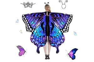 71Nmly Butterfly Wings Adult Costumes Fairy Wing Cape,Butterfly Shawl Wings with Mask adn Antenna Headband,Fairy Pixie Cloak Butterfly Cape Wings for Christmas Halloween Party Cosplay (Shiny blue)