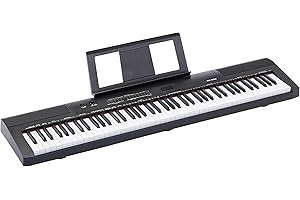 Amazon Basics Piano Digital Portátil de 88 Teclas Semicontrapesadas con Pedal de Sustain, 2 Altavoces, 140 Timbres, 200 Ritmos, 16 Canciones de Demostración, Metrónomo, Modo Lección - Negro
