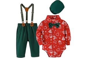 Fohuanky Baby Boy Christmas Outfit Toddler Formal Holiday Clothes 4PCS Gentleman Set Bodysuit Bow Tie Hat & Trousers with Suspenders
