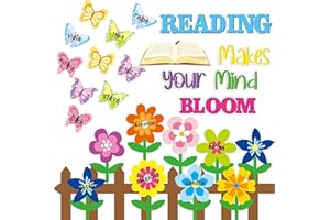 BeYumi 79Pcs Reading Makes Your Mind Bloom Paper Cutout Set Colorful Spring Flower Butterfly Name Tags Reading Motivational Quote Cutouts Kindergarten School Classroom Bulletin Board Wall Decoration