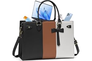 RAINSMORE Borsa Lavoro in PU Pelle Porta PC - Tote Bag Donna con Tracolla Grande 15.6 Pollici - Nero, Bianco e Marrone