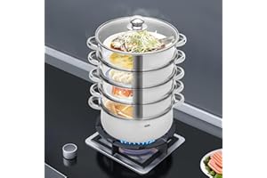 HOARLICN Edelstahl Dampfkocher, 5-Lagiger Ampfkocher Edelstahl Schongarer Mit Glasabdeckung Induktion Kochtopf Dampfgarer 28cm Edelstahl Dampf Topf Set