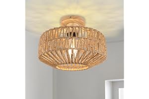 ‎KMAIPEM KMaiPem Boho Rattan Deckenlampe Wohnzimmer, 1 Licht Handgewebter Klein Deckenleuchte Schlafzimmer, Natürliche Bauernhaus Holz Deckenleuchten für Küche, Eingangsbereich, Flur