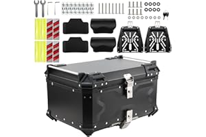 LASIEYO Motorcycle Top Case, 65L Aluminum Motorcycle Top Box with Anti-Theft Security Lock and 2pcs Baseplates, Waterproof and Dustproof Motorbike Top Case for Storage Helmet, Black
