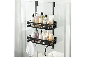 MDDK DY Étagère de Douche sans Perçage Noire – Panier de Douche Suspendu pour Porte en Verre, 2 Niveaux avec 4 Crochets Fixes, 2 Crochets Mobiles et Support pour Raclette, Rangement Salle de Bain