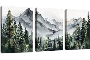 FAJERMINART 3Pcs Natura Paesaggi Stampa su Tela Con Cornice, Astratto Il Verde Montagna Foresta Paesaggi Inchiostro Quadri Pittura su tela poster Decorazione Murale Adatto Soggiorno Camera da letto 30x40cmx3