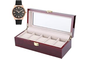 TMISHION 5 Grid Wood Watch Box,Watch Storage Case Holder Watch Organizer with Glass Anti‑Slip Watch Display Case Jewelry Collection Wood Watches Organizer Gift Box Showcase Birthday Gifts for Men Women