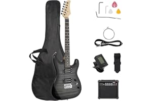 LALAHO Solid Body Electric Guitar, 39 Inch H-H Pickups Electric Guitar Kit with 20W Guitar Amplifier, Bag, Tuner for Beginners & Professionals, Black