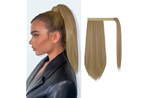 FESHFEN Coleta Postiza Lisa Pelo, 40 cm Largo Liso Ponytail Extension Envolver alrededor Cola de Caballo Extensiones Sintéticas Clip Postizos de Pelo para Mujeres, Rubio
