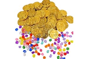 Vninkul 200 Pz Pirata Monete d'oro e Gemme,Set di 100 Pz Monete d'oro da Pirata e 100 Pz Diamanti Finte per Feste, Ricerca del Tesoro, Decorazioni Compleanno a Tema Pirati