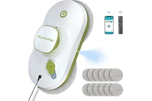 Fensterputzroboter mit Automatischem Wasserstrahl, SUNSMAI Fernbedienung intelligenter Roboter fensterputzer mit Sicherheitsseil, fensterroboter mit Starke Absaugung für glatten Oberflächen (Grüner)