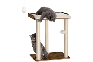 FourFurPets Kratzbaum, 68 cm hoch, Katzenbaum,mit DREI 60 cm Voll Sisal Kratzsäulen, 56 x 40 cm große Plattformen, Vintagebraun