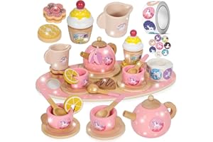 DOYRAN Wooden Tea Party Set, Pretend Play Kitchen Accessories for Girls Aged 3 4 5 6 with Teapot Teacup Set Wooden Food Toys, Gift Box for Birthday, Valentine's Day, Christmas- Perfect Kids Toddler Gift