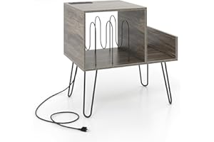 Multigot Record Player Stand with Charging Station, Wooden Turntable Stand Holds Up to 145 Albums with Metal Legs and Removable Dividers, Vinyl Record Storage Cabinet for Living Room (Grey)