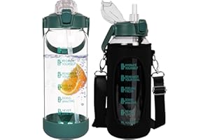 Seekua Szklana butelka na napoje, ze słomką i znacznikami czasu, szczelna, duża butelka na wodę, nadaje się do smoothie, nadaje się do mycia w zmywarce, 2 l