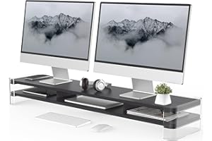 Fenge Supporto per Monitor Grandi in Acrilico, Supporto per Doppio Monitor con Ampio Spazio di Archiviazione, Supporto per Doppio Monitor per PC/Laptop/TV 109,4x23,5x15cm Nero