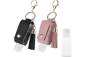 Molain Lot de 2 porte-clés de désinfectant pour les mains en cuir - 30 ml - Étanche - Flacons vides rechargeables pour lotion, savon liquide, shampooing (rose, noir)