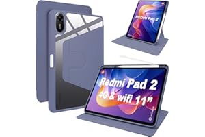 Lemxiee Case pour Xiaomi Redmi Pad 2 11" Coque avec Emplacement pour Stylo & Support Rotatif,Cuir PU + Acrylique Transparent