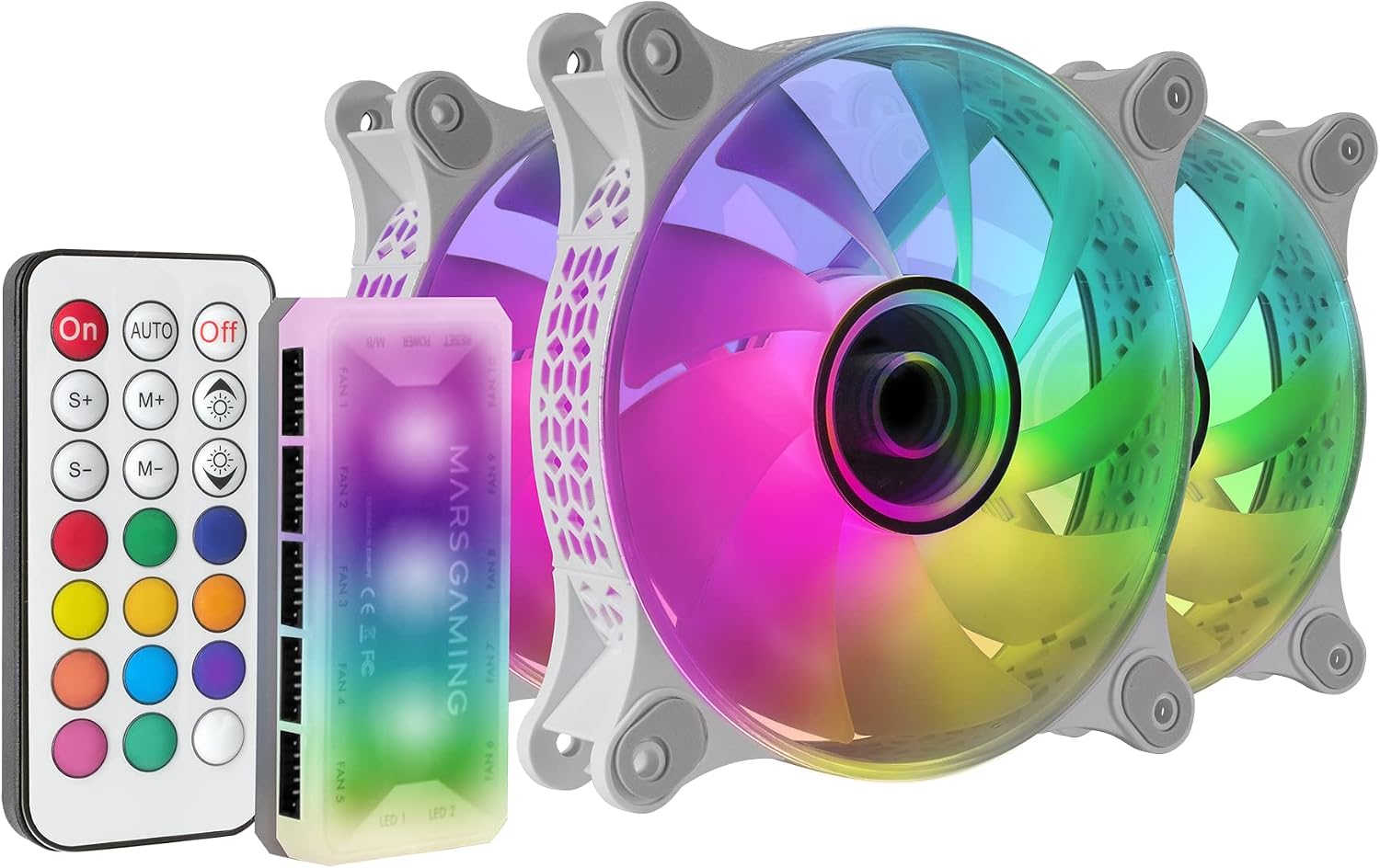 Mars Gaming MF-3DKIT, Kit 3 Ventiladores ARGB 360° 12cm, Espejo Infinito 3D, Sistema Anti-vibraciones, Controlador ARGB, Mando a Distancia RF, Compatibilidad Total, Blanco