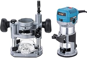 KATSU Tools Fresatrice/trimmer legno elettrica 710 W – soft start, base a immersione, corpo in alluminio, 3 mandrini (1/4", 6 mm, 8 mm) fai-da-te