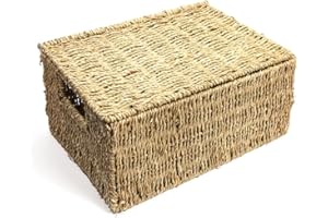 Woodluv Storage Boxes With Lids, Storage Baskets With lids, Woven Natural Seagrass, Storage Baskets for Shelves, Gift Hamper basket, Large