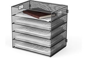 JOPOO 5 Tier Letter Filing Tray, A4 Paper Storage Organiser, Mesh Desk Magazine File Racks for Home Office Supplies, Black