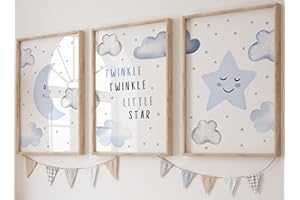 EVIEPOPS PRINTS Twinkle Twinkle Little Star Set of 3 Unframed Prints, Girls Boys Nursery Decor Wall Art, Bedroom Decor, Playroom Poster, Nursery Rhyme, Moon Clouds Stars (A4)