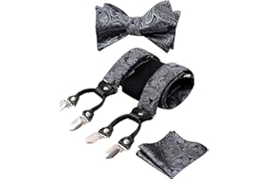 Alizeal Mens Adjustable Floral Paisley Self-tied Bow Tie, Pocket Square and Elastic Y Shape 6 Clips Braces Set