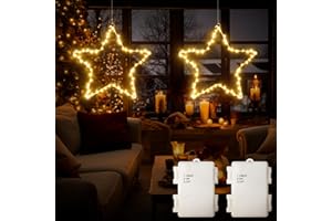 DreiWasser Beleuchtet Fensterdeko Stern warmweiß Batteriebetrieben, 2 Stück 120 LED Leuchtsrentier Weihnachten mit 1m Zuleitung und Timer für Fenster Beleuchtung Deko Hängen Weihnachtsdeko
