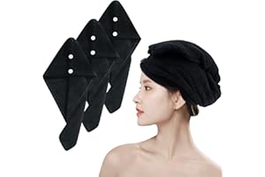 xnicx Lot de 3 serviettes à cheveux en microfibre super absorbantes avec boutons pour cheveux longs et mouillés, séchage rapide, pour femmes et enfants, 25 x 65 cm (noir)