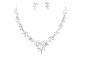 Clearine Collana Parure Gioielli Matrimonio Sposa zircone Cristallo Perla simulata Foglia Vite Ramoscello Colletto Collana Orecchini a Goccia Set Trasparente Argento Fondo