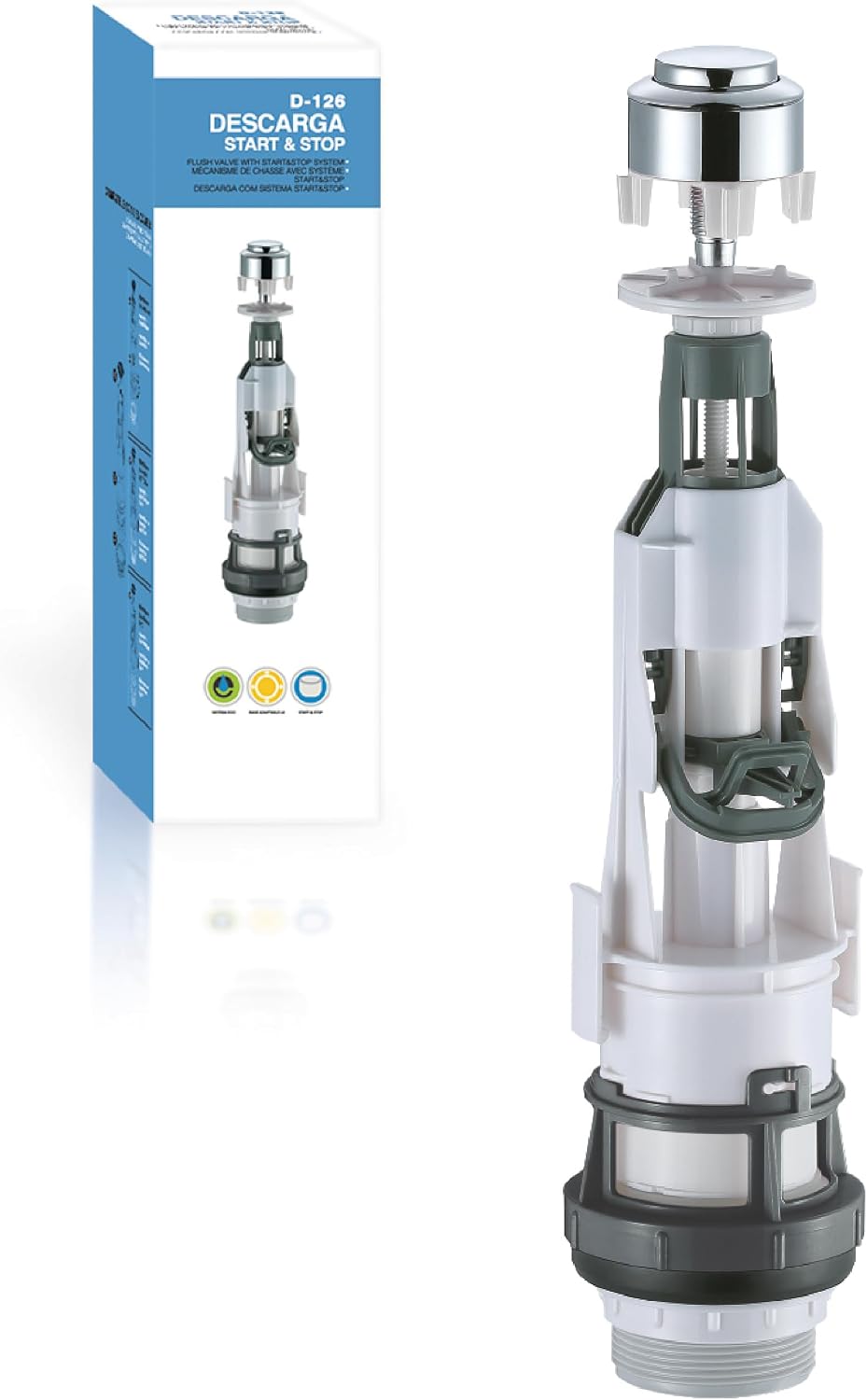 HOMSSY Mecanismo Cisterna WC Start Stop Universal D-126 – Válvula Descarga Interrumpible ECO, Ahorro de Agua, Instalación Fácil, Compatible con Diferentes Bases de Cisterna