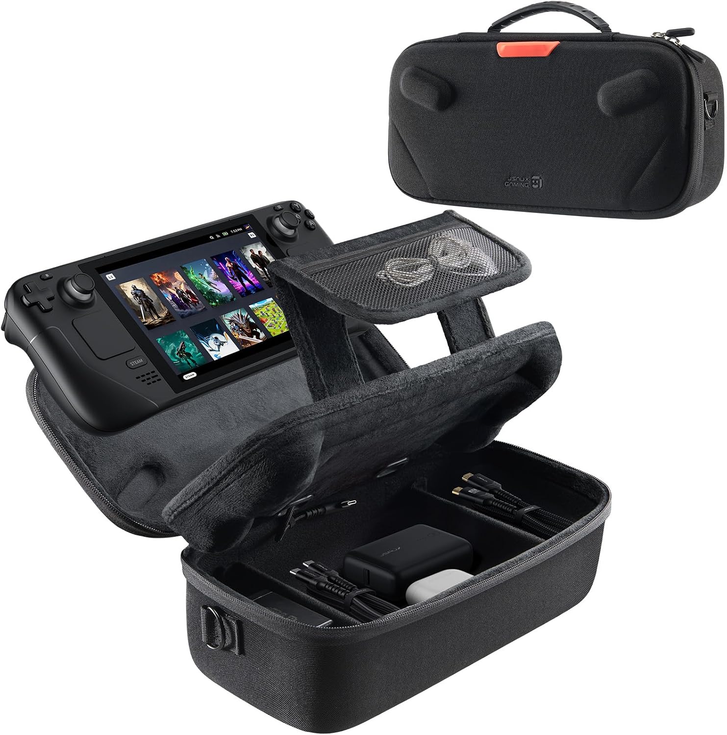 JSAUX Carry Case for Steam Deck and Steam Deck OLED, Dual Layer Travel Case with Built in Cable Port, Right Angle USB C Cable Included, Large Capacity, Fits Charger and Accessories