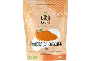 CIBO CRUDO CRUDO BIOLOGICO VEGAN Curcuma Bio en Poudre - 400g. Racine de Curcuma Bio en Poudre Finement Moulue. Curcuma Poudre pour le Lait Doré Plats Exotiques et Soupes Épicées.