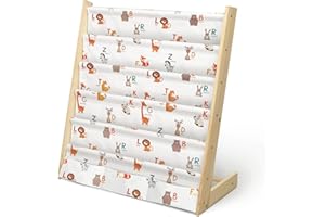 wooshwa Libreria Montessoriana per Bambini,Scaffale a 5 Livelli in Tessuto per Bambini,Librerie per Camerette con 3 Tasche con Maniche Profonde,63 * 30 * 73cm (Alfabeto animale)
