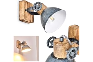 HOFSTEIN Applique murale Orny, spot mural au design rétro/vintage, applique murale réglable en métal/bois en gris/blanc/marron, 1 ampoule, 1 douille E27, ampoule(s) non incluse(s)