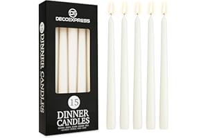 DECO EXPRESS Candles Set Classic Dripless Tapered Metallic Unscented 8H Burning Time, Decorative Dinner Candles for Restaurant Home Christmas (White, 15 Pack)