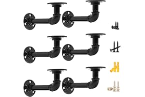 MLOQI 6 Pack Industrial Pipe Shelf Brackets - Black Iron Pipe Brackets for Shelves, Rustic Pipe Decor with Hardware Included