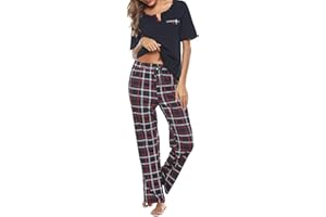 Bresdk Pigiama Donna Cotone Manica Corta Pigiami Due Pezzi da Donna Morbido e Leggero Pantaloni a Quadri Set Pigiama da Notte Estivo Lungo