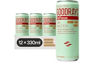 GOODRAYS Re:Focus Drinks, Sparkling Low Calorie Soft Drink with Magnesium, Lion's Mane Mushroom, Vitamin D and Electrolytes, Natural Sleep Stress and Anxiety Relief, Zesty Lime & Kiwi, 12 x 330ml Cans