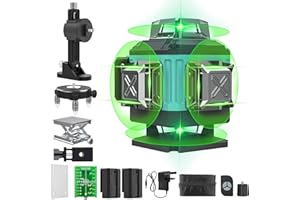 UNDREEM Green Laser Level 4x360°, Laser Spirit Level 16 Lines, 2 x 360 Horizontal & 2 x 360 Vertical Laser Lines, 2 x Batteries, Wall Mount, Remote Control, Magnetic Base, Rotary Stand