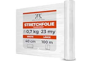 ‎KK VERPACKUNGEN KK Verpackungen Stretchfolie, Transparent, Möbelfolie, Umzugsfolie, 1 Rolle, 40cm x 100m - 23my reißfest & dehnbar, Ideal für Einlagerung & Möbelschutz