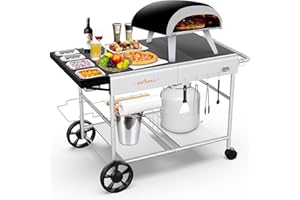 BBQMALL Pizza Oven Table Grill Cart with Pizza Topping Station Movable Food and Prep Workcart Outdoor Grill Table Stand for Ninja Woodfire Blackstone Griddle Cuisinart etc Grill