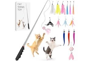 KDULPG 15PCS Interactive Cat Toys – 1 Stainless Steel Cat Wand + 14 Assorted Teasers – Cat Feather Toy Set for Indoor Cats Adult & Kittens