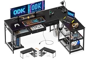 ODK Schreibtisch mit Schubladen, Eckschreibtisch mit Steckdosenleiste, Schreibtisch L Form mit Reversibler Anordnung, Schwarz, 155×110cm